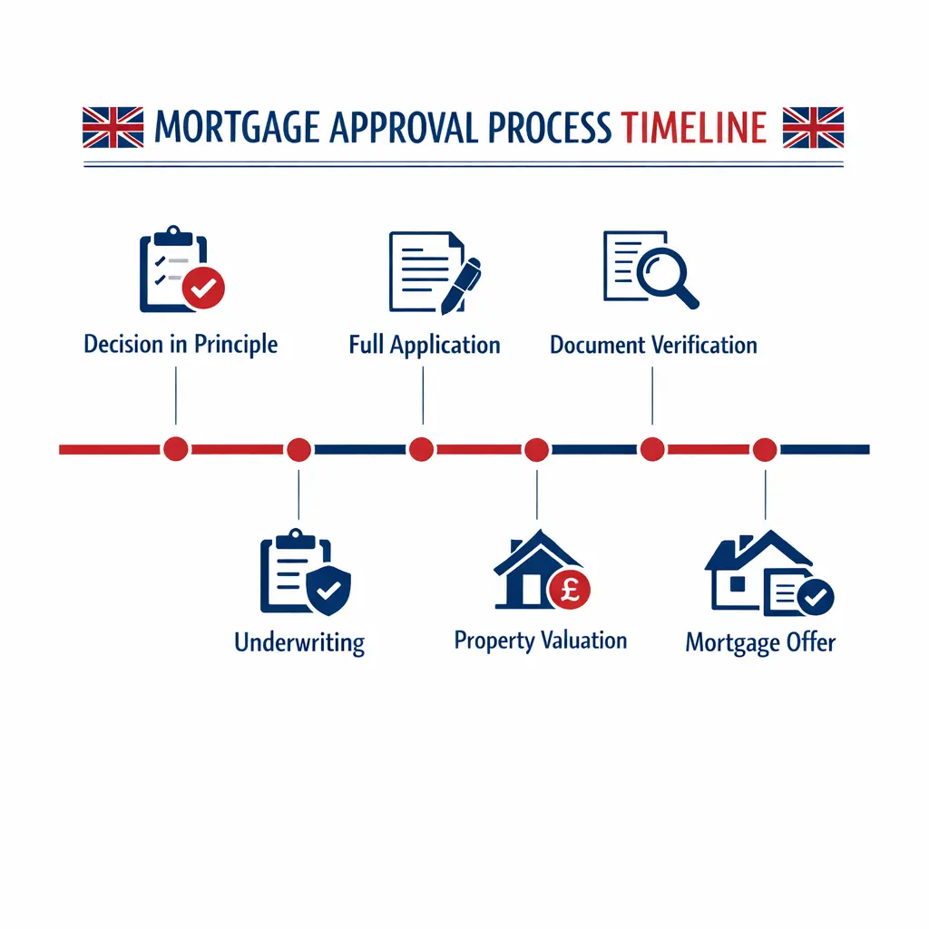 Mortgage approval process timeline showing decision in principle, full application, document verification, underwriting, property valuation and mortgage offer steps