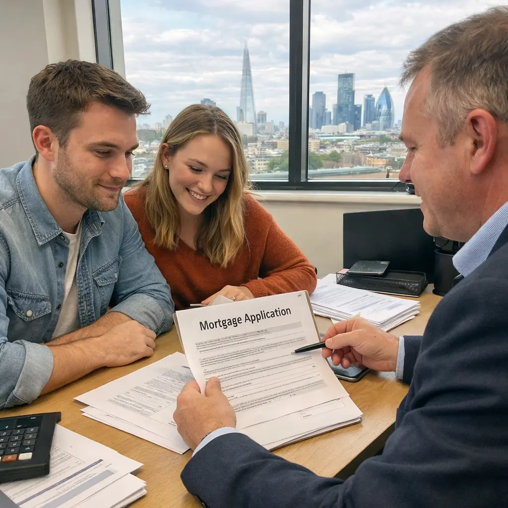 Couple meeting with mortgage advisor reviewing mortgage application paperwork in office