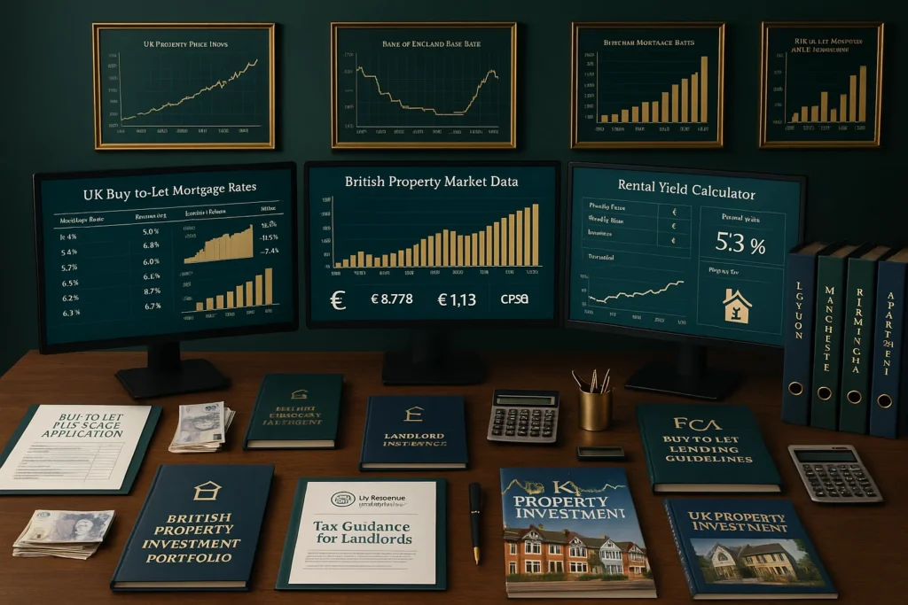 Desk with UK buy to let mortgage rates, property market charts and landlord documents