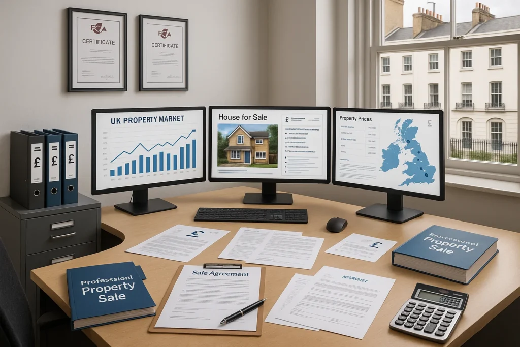 Office desk with monitors showing UK property market data and house for sale listing