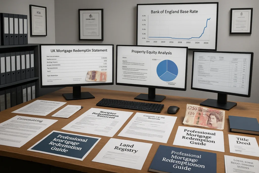 Office desk with monitors showing UK property market data and house for sale listing