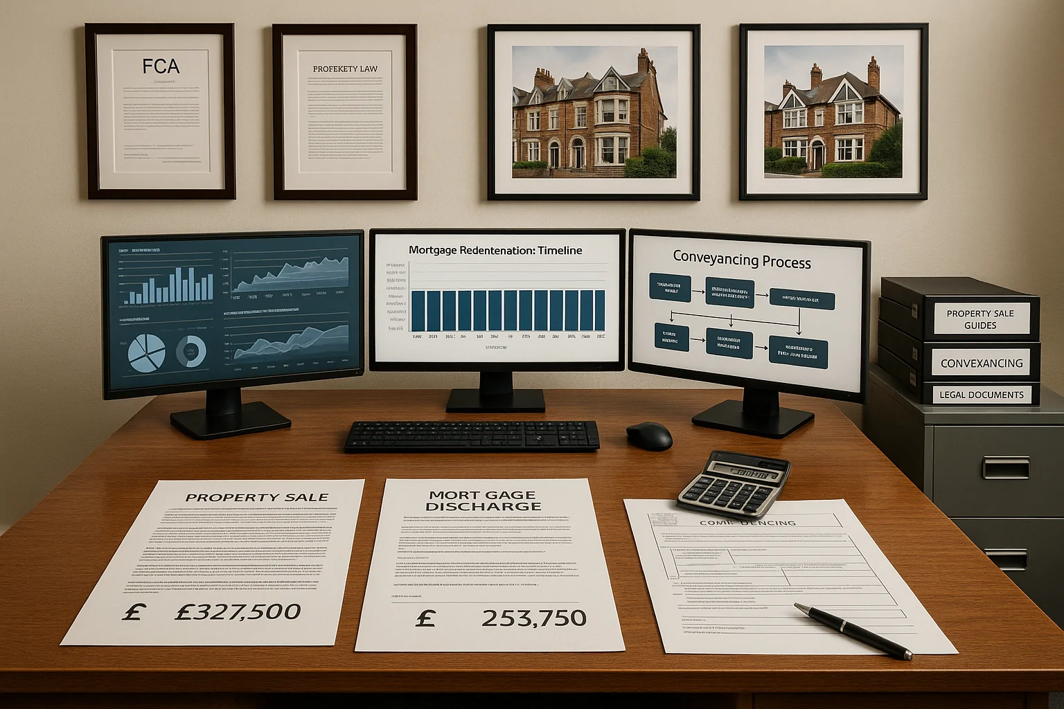 Office setup displaying mortgage redemption statement and Bank of England base rate chart