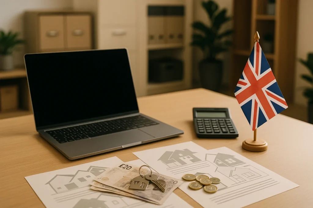 UK flag on desk with laptop, calculator, cash and house purchase documents