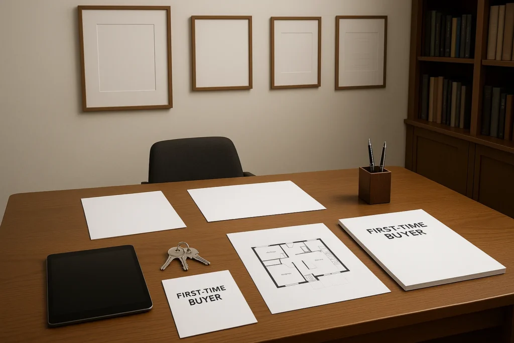 Desk with “First-Time Buyer” documents, floor plan and house keys