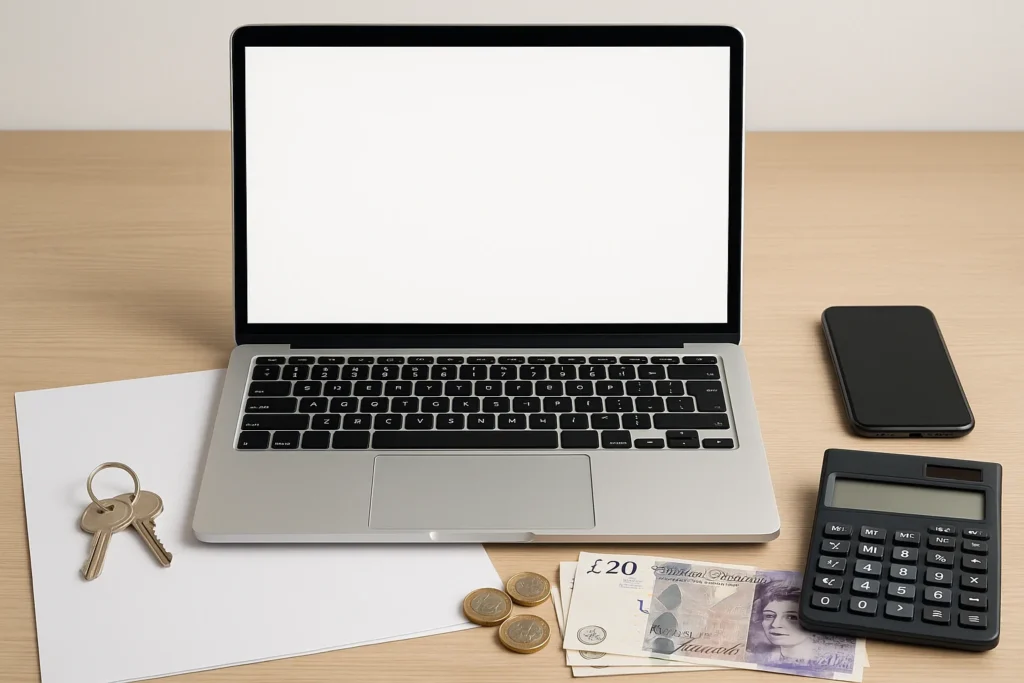 Laptop, calculator, house keys and cash on desk representing home deposit savings