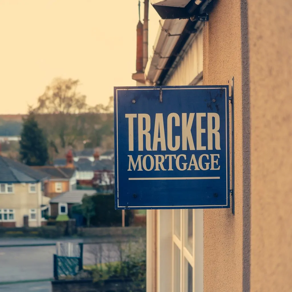 Blue sign reading “Tracker Mortgage” outside residential property