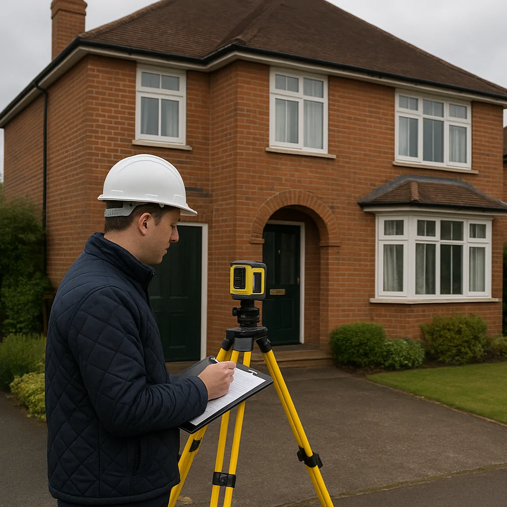 Surveyor using measuring equipment outside brick house