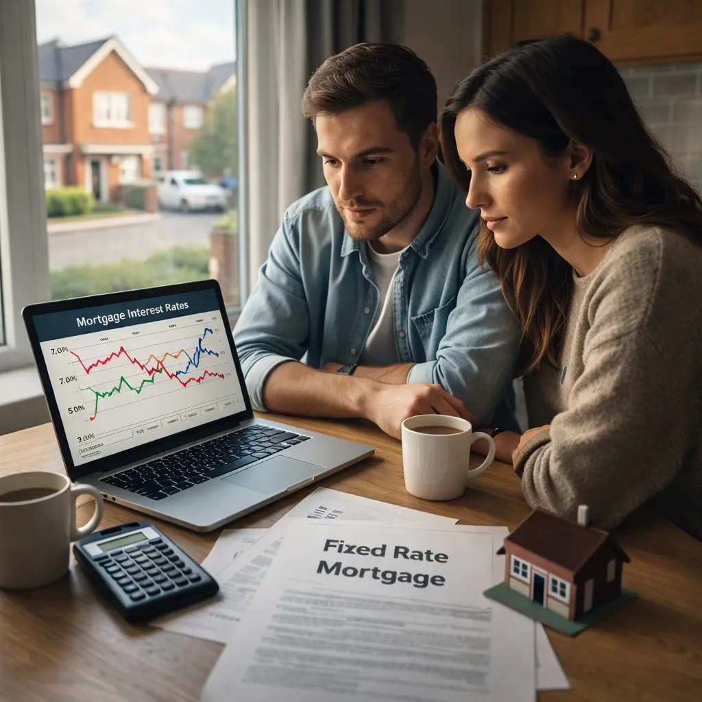 Couple reviewing mortgage interest rate charts on a laptop with fixed rate mortgage documents and a house model on the table
