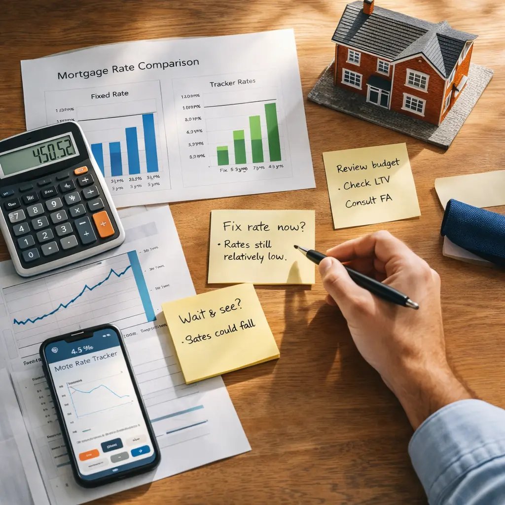 Desk with mortgage rate comparison charts, sticky notes weighing fixing now versus waiting, calculator and house model