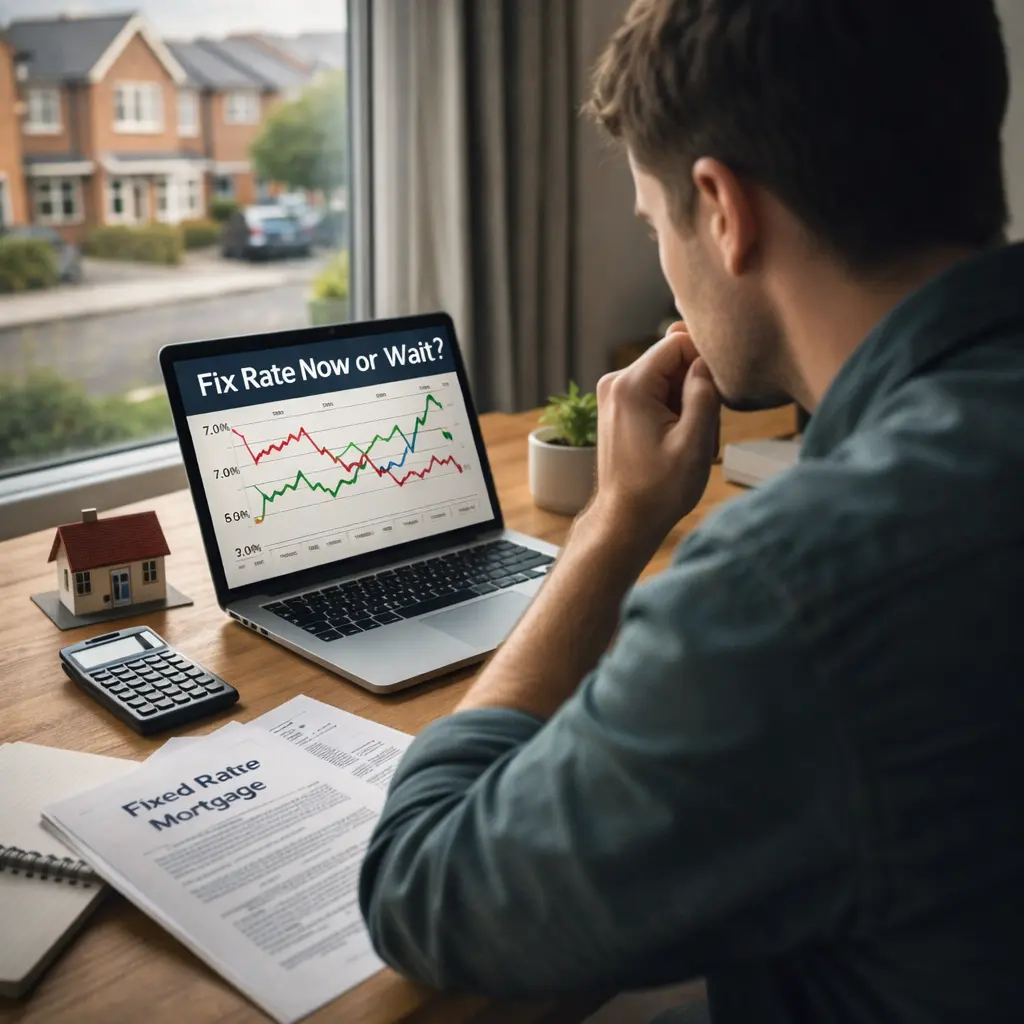 Man studying a laptop showing 'Fix Rate Now or Wait?' with a fluctuating interest rate chart and fixed rate mortgage documents