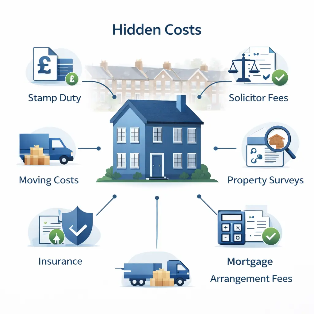 Infographic showing hidden home-buying costs: stamp duty, solicitor fees, moving costs, surveys, insurance, and mortgage fees