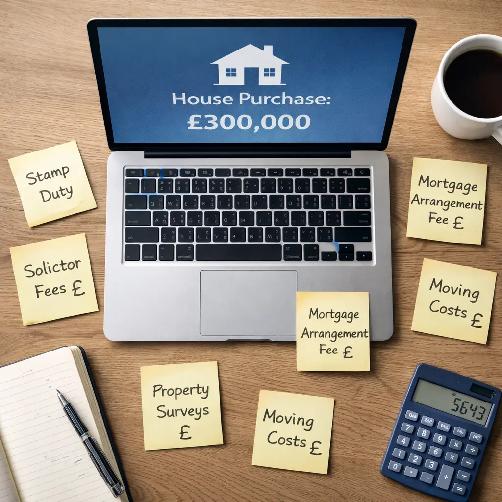 Laptop showing £300,000 house purchase surrounded by sticky notes listing stamp duty, solicitor fees, and moving costs