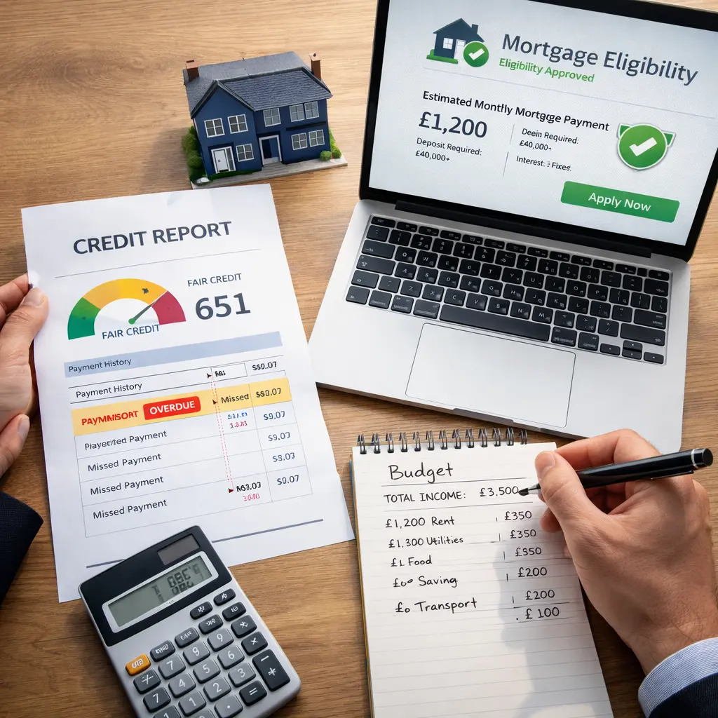 Credit report showing a 651 fair credit score with missed payments, beside a mortgage eligibility screen and budget notes
