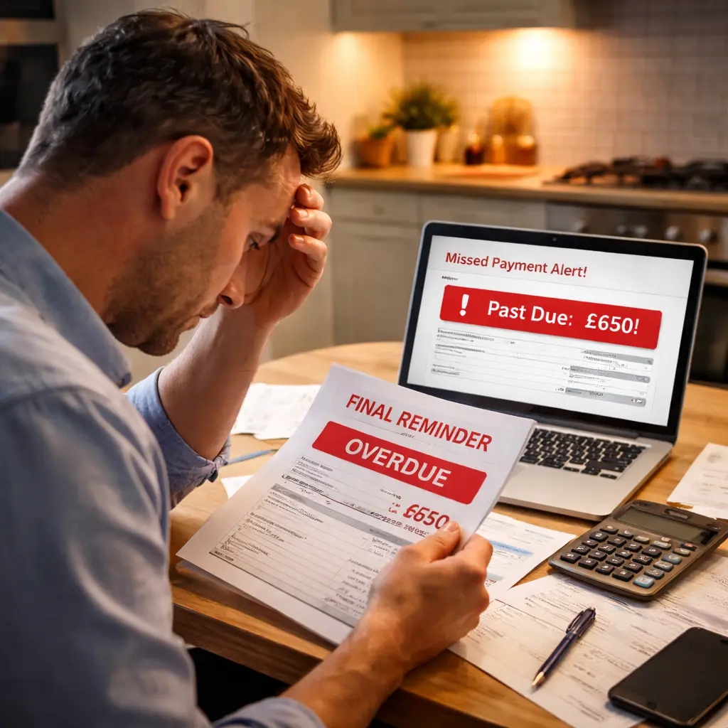 Worried man reviewing a mortgage application with a laptop showing a missed payment recorded in his payment history