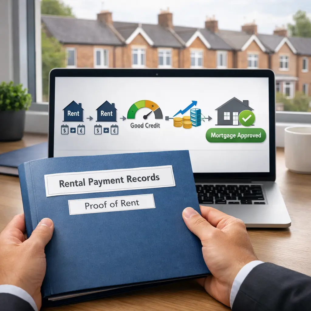 Person holding a 'Rental Payment Records – Proof of Rent' folder in front of a laptop showing a rent-to-mortgage approval flowchart