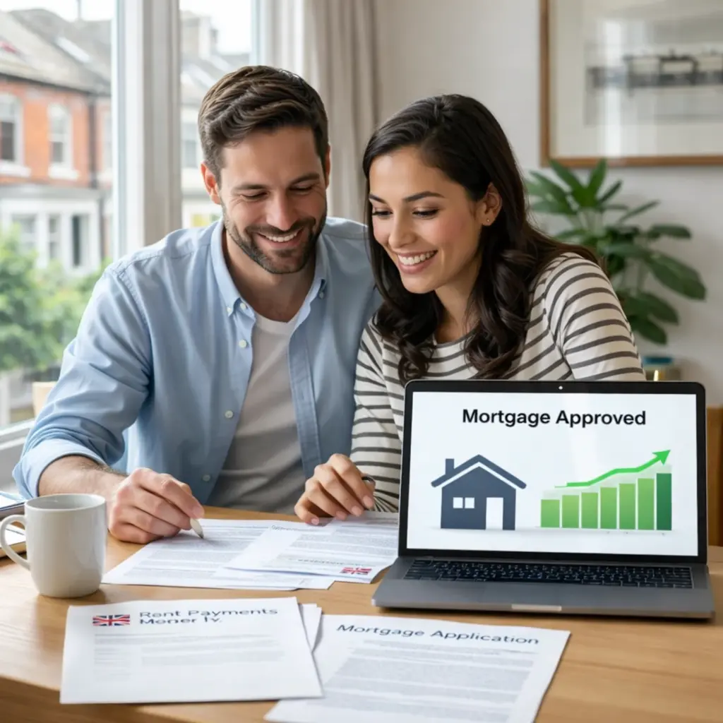 couple reviewing mortgage application paperwork with a laptop showing 'Mortgage Approved' and rent payment documents
