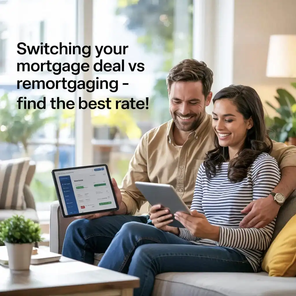 couple on sofa browsing mortgage deals on a tablet, with text: 'Switching your mortgage deal vs remortgaging – find the best rate!